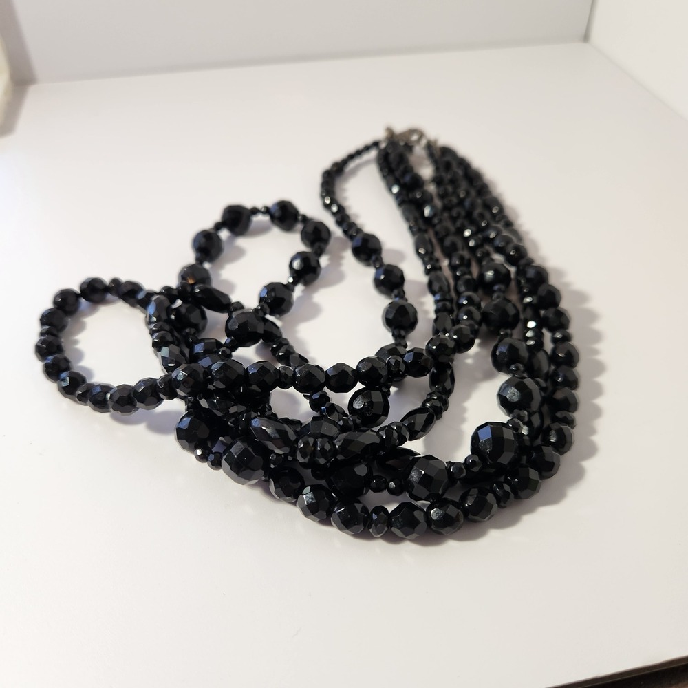 Vintage Style Multi Strand Faceted Black Bead Statement Necklace Crystal Drop
